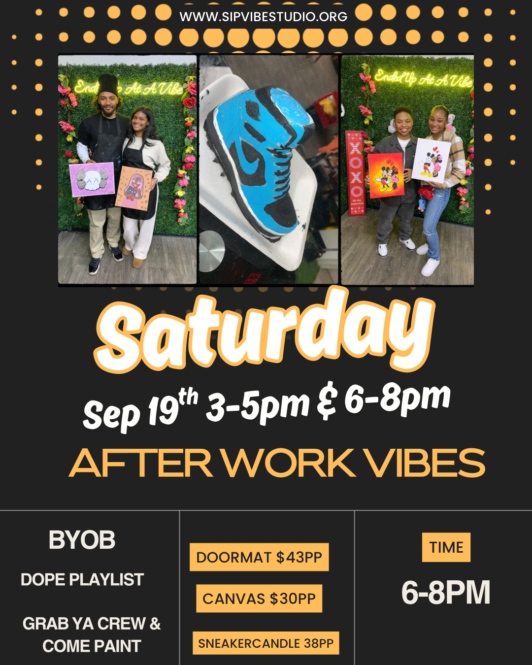 Saturday Sep 19th 3-5pm or 6-8pm