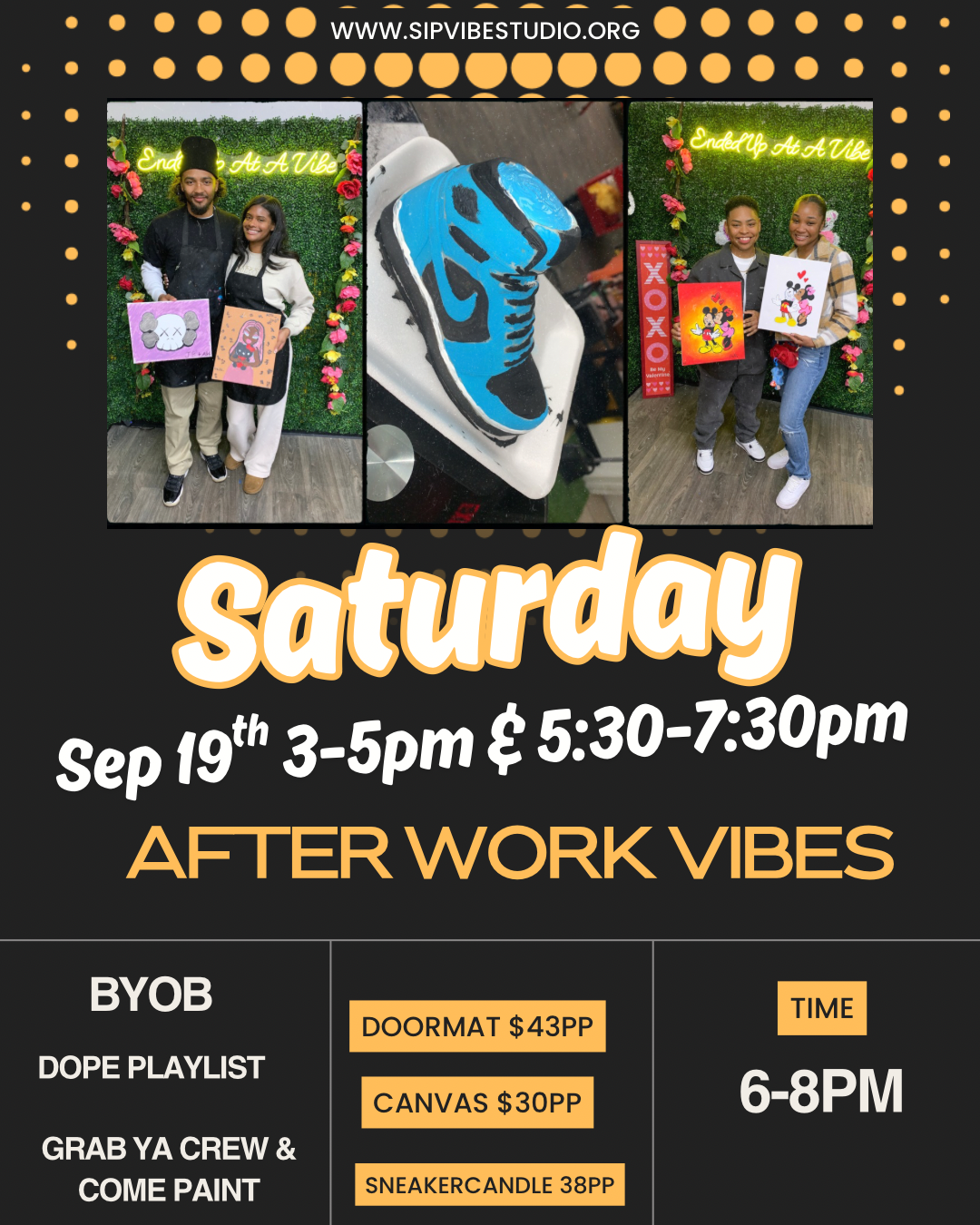 Saturday Sep 19th 3-5pm or 5:30-7:30pm